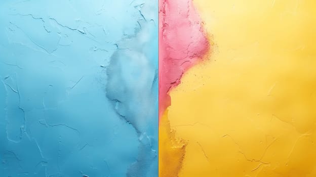 A textured surface split into blue and yellow, blending with pink details for an artistic abstract look. Concept of Split color texture.