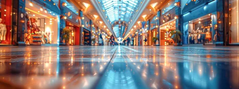 A wide-angle view of a luxury shopping mall featuring glowing lights, modern architecture, and floor reflections from vibrant storefronts.