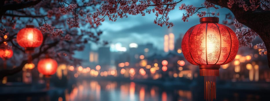 A beautifully illuminated red Chinese lantern hanging among cherry blossoms with glowing city lights and reflections in the background, symbolizing culture and festivity.