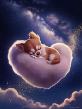A chihuahua dog is sleeping on a heart shaped pillow. The pillow is on top of a cloud, ai generated
