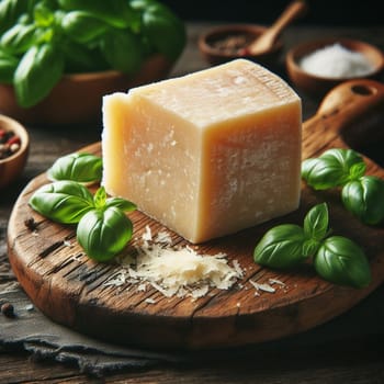 Block of parmesan cheese rests on a rustic wooden cutting board, surrounded by fresh basil leaves, with spices and a grater in the background