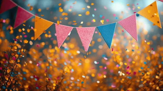Colorful triangular flags and falling confetti set against an autumnal backdrop with orange hues and glowing light, creating a warm, festive atmosphere.