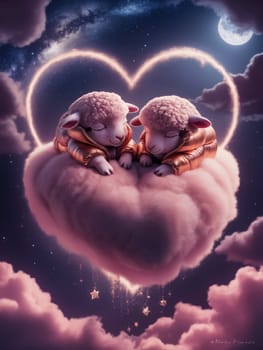Adorable cartoon sheep snuggling on a soft heart cloud with a mesmerizing sunset backdrop ai generated