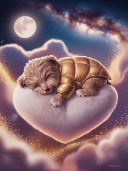A dog is sleeping on a heart shaped pillow. The pillow is on top of a cloud. The dog is wearing a jacket ai generated
