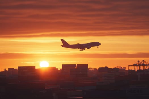 A majestic airplane descends against a breathtaking sunset backdrop over a shipping container yard, showcasing vibrant colors in the sky and the silhouette of industry.
