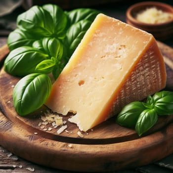 Wedge of aged parmesan cheese on a rustic wooden board, accented with vibrant green basil leaves, perfect for culinary uses and flavor enhancement