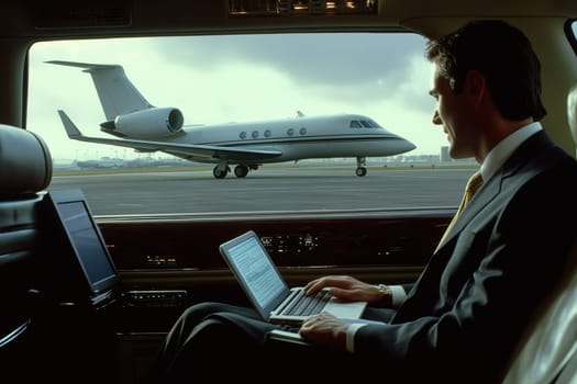 A successful businessman works on his laptop inside a luxury vehicle, with a private jet visible outside. This scene captures the essence of modern travel and high-class lifestyle.