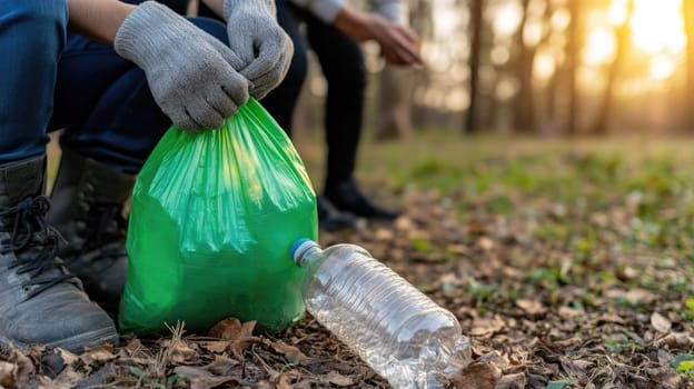 Volunteers gather to clean up litter in a local park as the sun sets, focusing on collecting plastic waste and promoting environmental awareness. Participants demonstrate teamwork in their efforts.