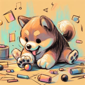 Charming illustration of a cheerful cartoon puppy surrounded by colorful crayons, creating a whimsical drawing. Perfect image to represent childhood imagination and the joy of creative play