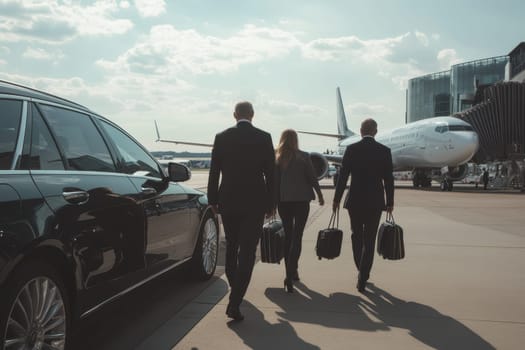 Three business professionals walk towards a private jet at the airport, showcasing a blend of luxury travel and corporate success.