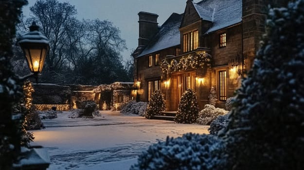 Country manor decorated for Christmas, Merry Christmas holiday idea