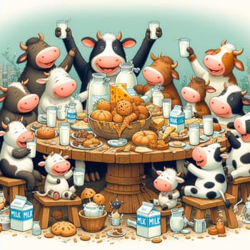 Whimsical illustration of happy cartoon cows seated around a wooden table, gleefully partaking in a variety of dairy products and pastries during a joyous milk-themed celebration