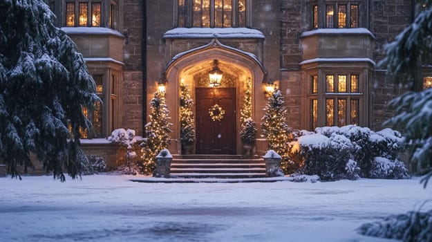Country manor decorated for Christmas, Merry Christmas holiday idea