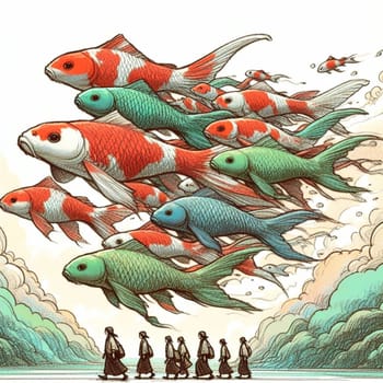 Illustration of a whimsical scene where colorful koi fish soar in the sky above a serene procession of monks, merging nature and spirituality in a dreamlike composition
