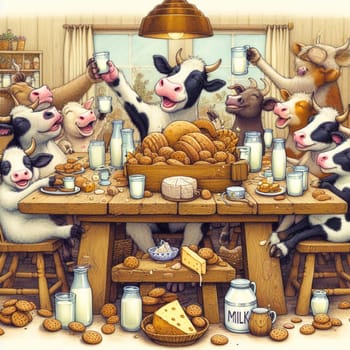Whimsical illustration of jovial cows gathered around a rustic table, toasting with milk and feasting on an assortment of bread and cheese in a cozy, rural setting