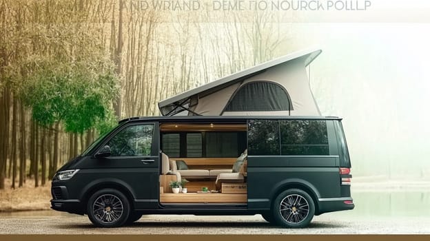 Sleek black camper van is parked in a field, its door open to reveal a cozy interior, inviting you to experience the freedom of the open road