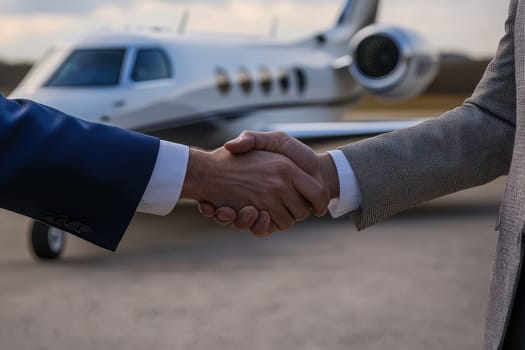 A professional handshake between business partners in front of a private jet signifies a successful corporate travel deal, highlighting luxury and collaboration.