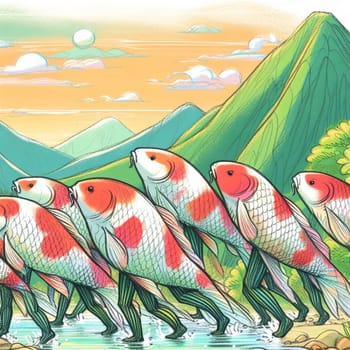 Illustration of whimsical koi fish marching on land with a picturesque mountain backdrop, merging fantasy with nature in a colorful, dreamlike setting, suitable for creative projects