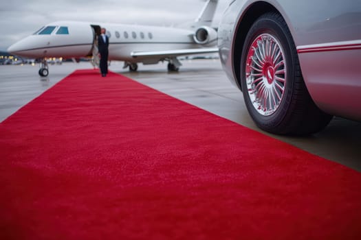 A luxurious scene showcasing a red carpet leading to a private jet at an airport alongside an elegant car, symbolizing wealth and exclusivity.