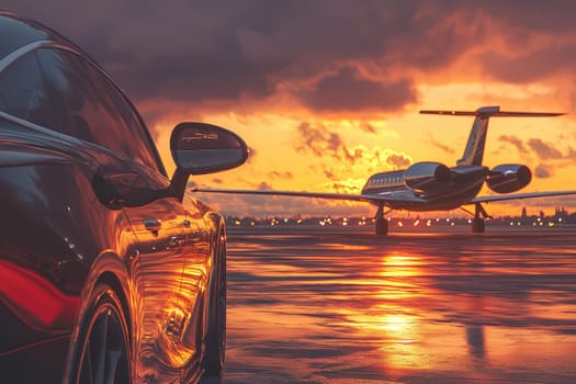 A sleek sports car parked beside a private jet at a terminal, reflecting vibrant colors of a dramatic sunset. Perfect for themes of luxury and travel.