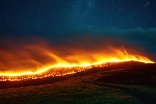 A stunning night landscape showcases a vibrant fire illuminating the sky, contrasted by sparkling stars above. Witness the beauty of nature in its raw form.