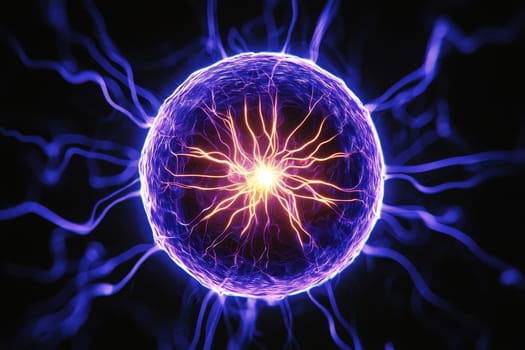 A captivating abstract image showcasing a plasma sphere with a bright center, radiating dynamic light tendrils against a dark background.