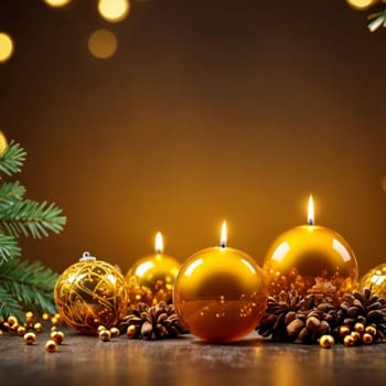 new year christmas golden balls tree, candle holiday background. High quality photo