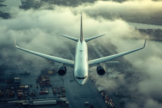 Capture the beauty of an airplane soaring above the clouds, showcasing shipping containers at a port during sunset. Experience the wonder of aerial views.