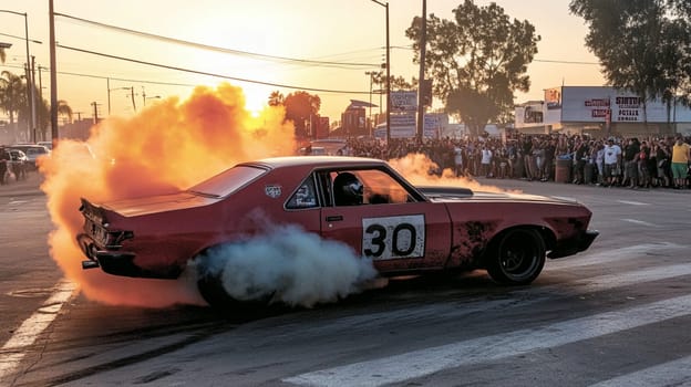 Pink muscle car revs its engine, creating smoke as a crowd cheers at an event. The vibrant sunset adds excitement to this dynamic scene of automotive passion in california's urban streets