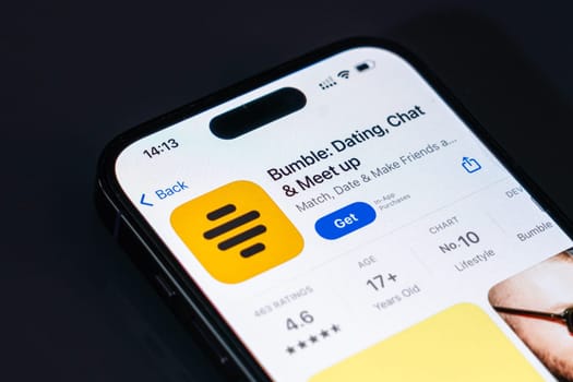 New York, USA - December 20, 2024: Bumble app displayed on smartphone screen with logo. Dating and social networking application connecting people