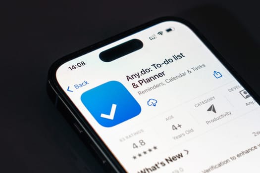 New York, USA - December 20, 2024: Any.do app displayed on smartphone screen with logo. Task management and to-do list application for personal and professional productivity