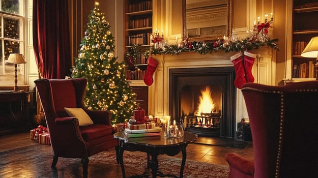 Country manor decorated for Christmas, Merry Christmas holiday idea