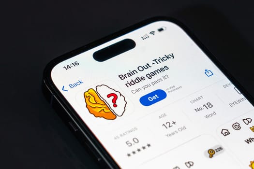 New York, USA - December 20, 2024: Brain Out game app displayed on smartphone screen with logo. Tricky puzzle game with fun and challenging brain teasers
