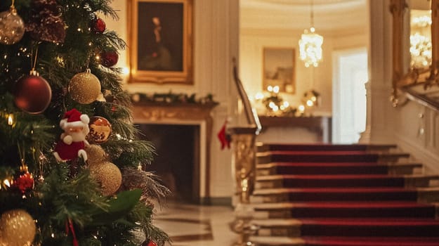 Country manor decorated for Christmas, Merry Christmas holiday idea