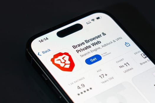 New York, USA - December 20, 2024: Brave Browser app displayed on smartphone screen with logo. Private web browser with built-in ad blocker and enhanced security features