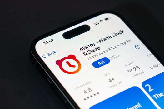 New York, USA - December 20, 2024: Alarmy app displayed on smartphone screen with logo. Alarm clock application featuring sleep tracking and advanced wake-up features