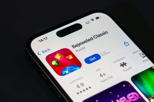 New York, USA - December 20, 2024: Bejeweled Classic game app displayed on smartphone screen with logo. Iconic puzzle game featuring colorful gems and addictive gameplay