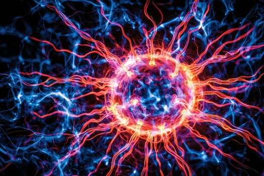 This captivating abstract image features a colorful plasma sphere surrounded by vibrant energy tendrils. The dynamic scene illustrates a fusion of light and motion against a dark background, evoking a sense of wonder and scientific intrigue.