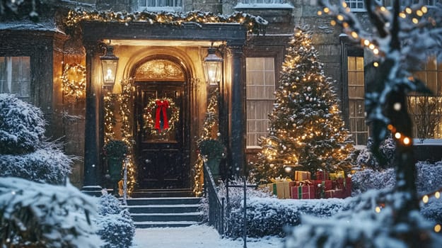Country manor decorated for Christmas, Merry Christmas holiday idea