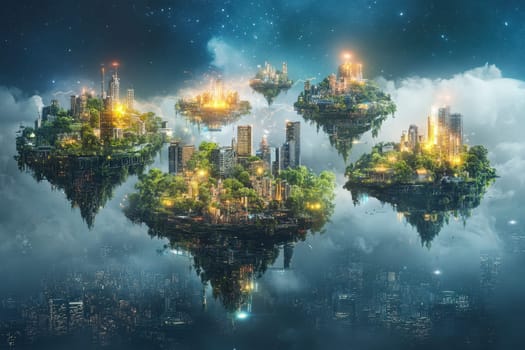Explore a breathtaking scene of floating islands featuring lush greenery and modern buildings under a starry sky. This stunning digital artwork blends nature with futuristic elements.