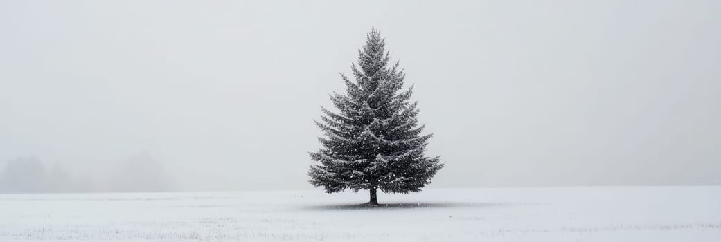 Minimalist winter banner showcasing solitary snow-covered tree on vast, misty landscape, for holiday theme, peaceful seasonal promotion, nature-inspired design, capturing tranquility, simplicity
