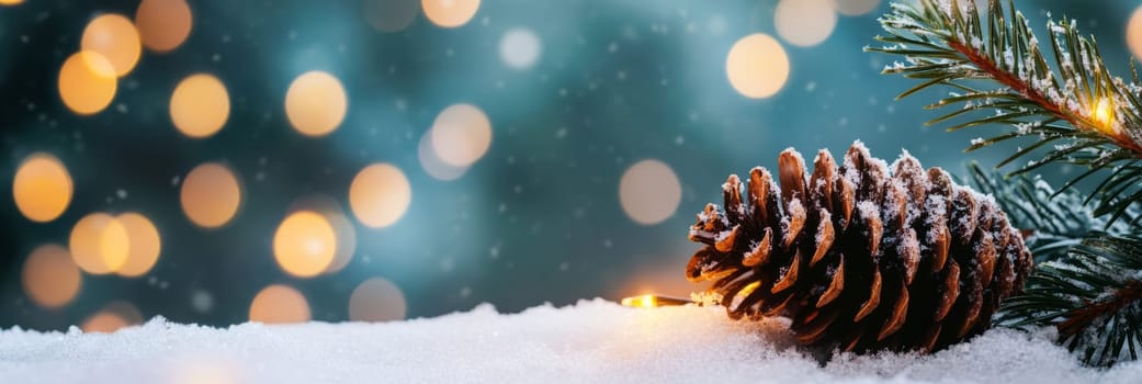 Banner Cozy winter scene with snow-dusted pine cone, evergreen branch. Soft bokeh lights create warm, festive atmosphere. Perfect for holiday promotions, seasonal greetings, nature-inspired designs