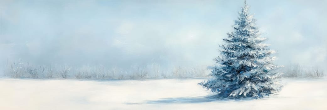 Serene winter landscape banner featuring snow-covered evergreen tree against tranquil sky. Perfect for holiday promotions, seasonal greetings, or festive decorations, capturing peaceful winter beauty