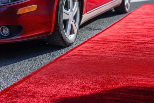 A luxury car rests on a vibrant red carpet, creating a striking visual contrast against the asphalt. This scene captures elegance and sophistication, perfect for showcasing upscale events.