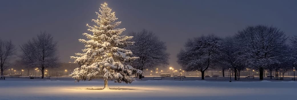 Banner Magical Christmas tree glowing in snowy night park. Illuminated fir stands out against dark winter landscape, serene atmosphere, for seasonal greeting, winter wonderland promotion