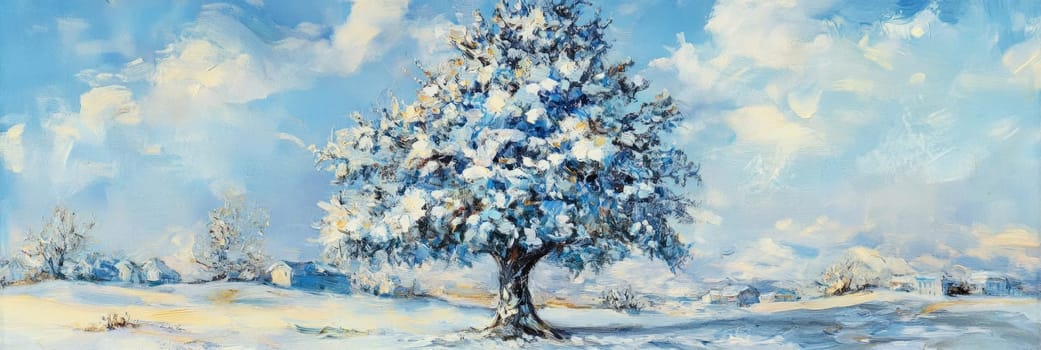 Scenic winter banner showcasing solitary snow-covered tree under expansive blue sky, evoking tranquility and seasonal charm. Ideal for holiday marketing, winter promotions, or nature-inspired designs