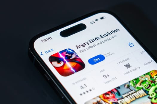 New York, USA - December 20, 2024: Angry Birds Evolution game app displayed on smartphone screen with logo. Action-packed mobile game featuring battles, strategy, and popular bird characters