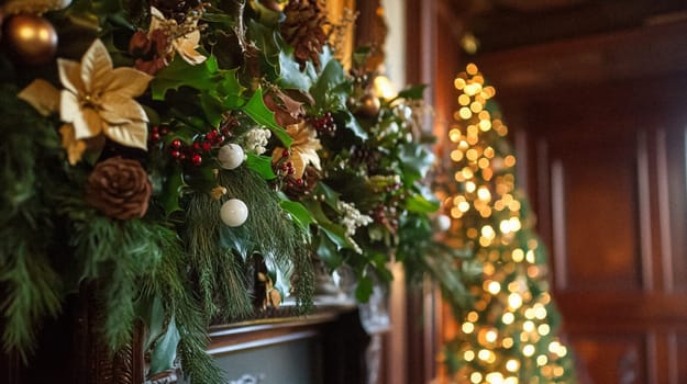 Country manor decorated for Christmas, Merry Christmas holiday idea