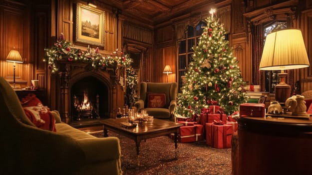 Country manor decorated for Christmas, Merry Christmas holiday idea