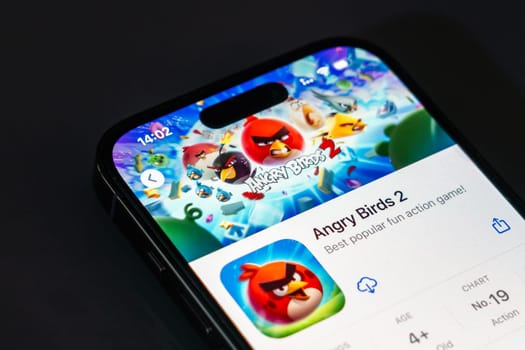 New York, USA - December 20, 2024: Angry Birds 2 game app displayed on smartphone screen with logo. Popular puzzle game featuring bird characters and engaging levels